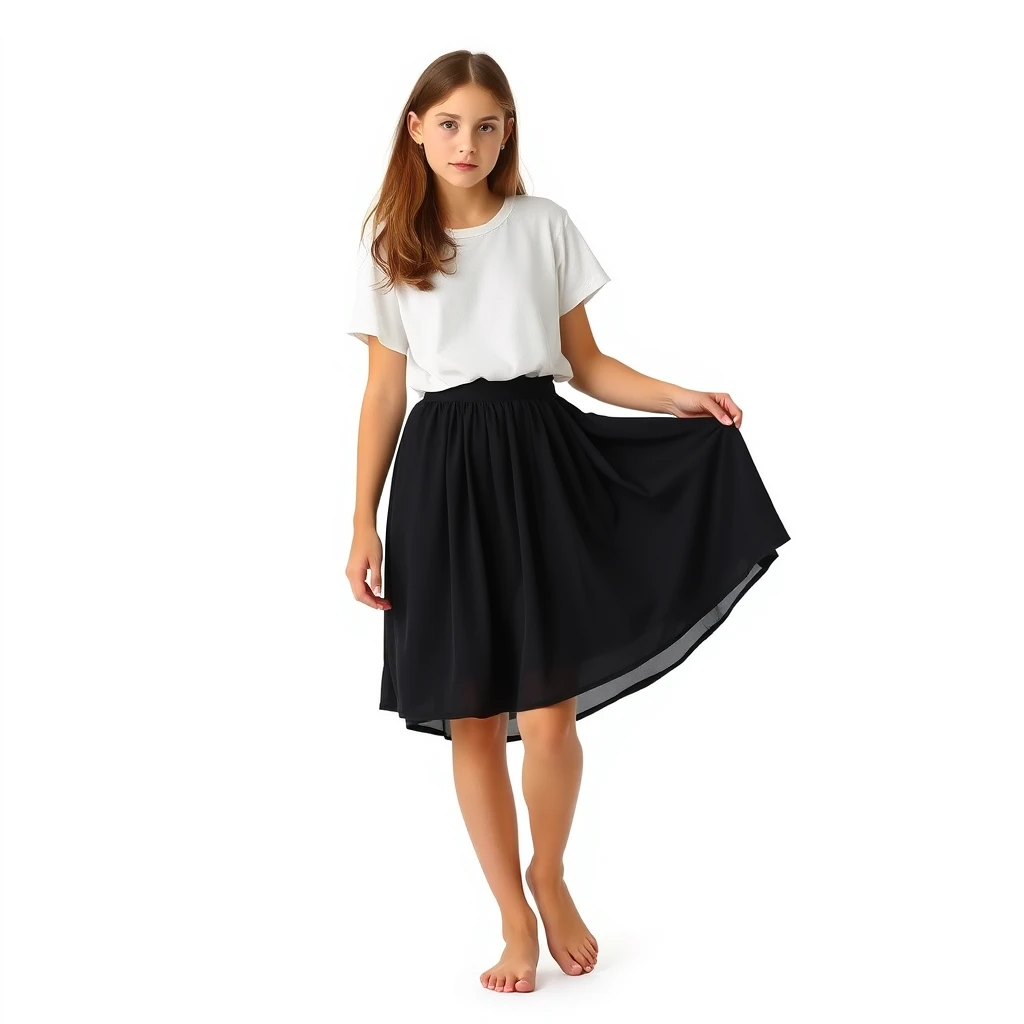 "Create a photo: A 16-year-old teenage girl is wearing a loose black skirt and a white T-shirt and is barefoot. She is fully visible and looking at the viewer. The background is white."