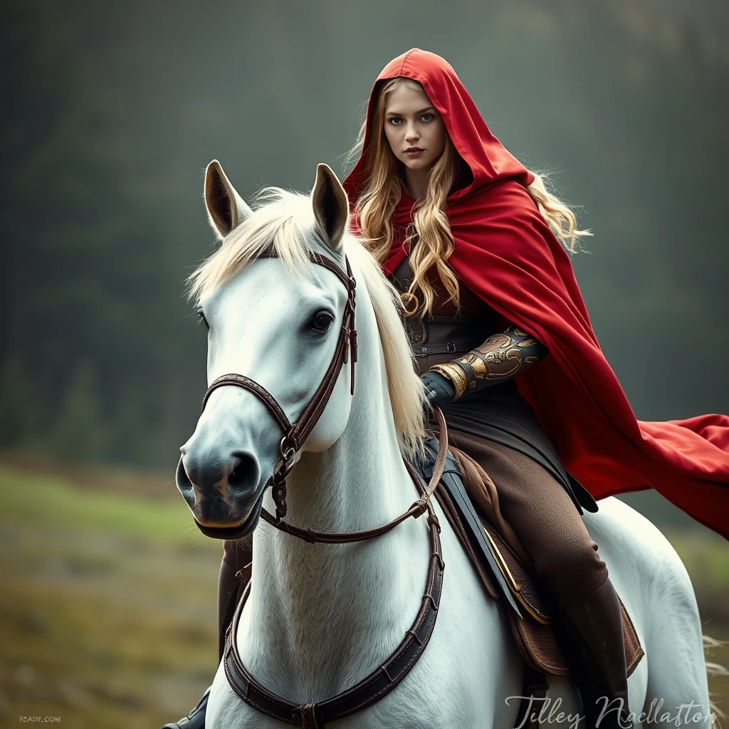 Photo realistic: Blonde fantasy heroine in a red cloak mounts a white horse.