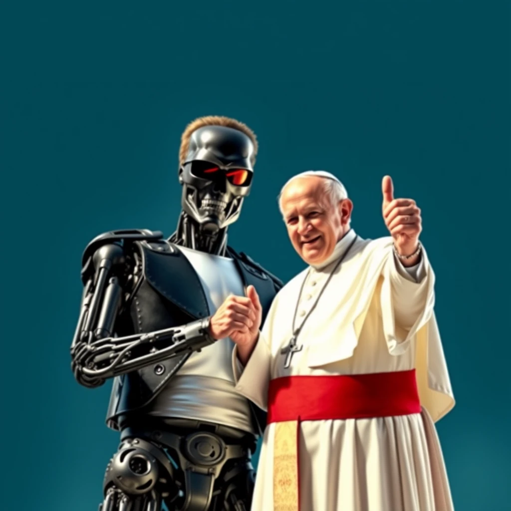 'Arnold Schwarzenegger as Terminator and the Pope are standing next to each other, holding hands and giving a thumbs-up gesture with the free hand. Photorealistic, colorful, high resolution.' - Image