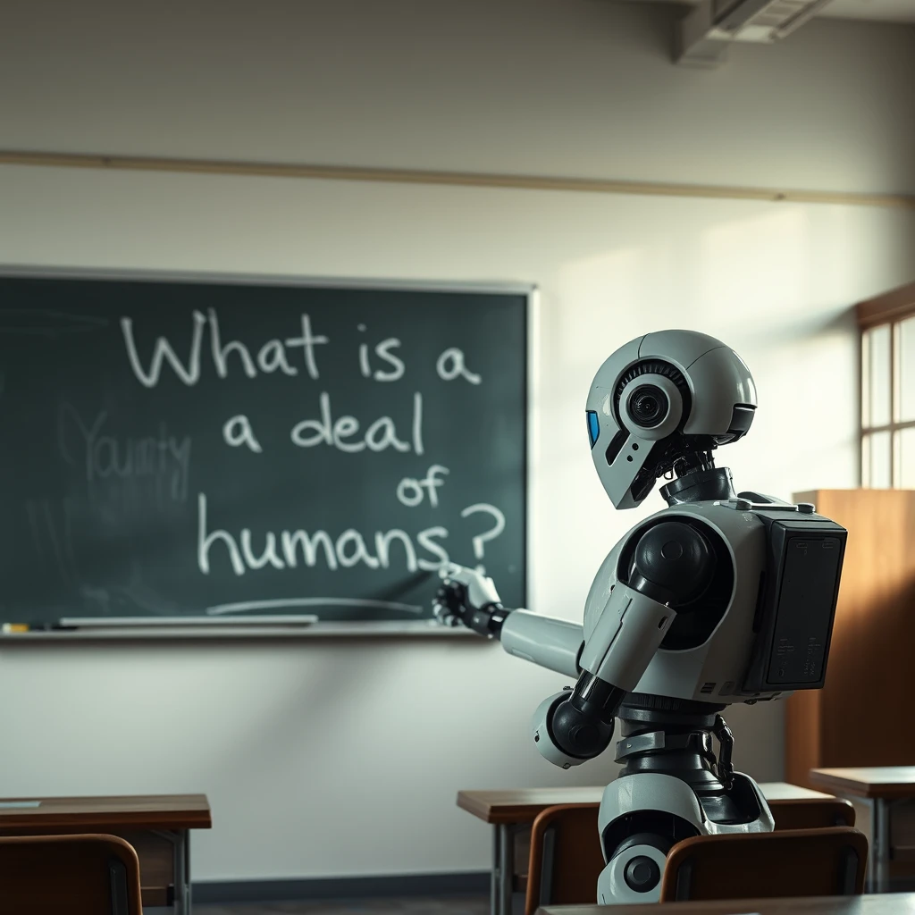 "What is the deal with humans?" a robot writes on a chalkboard inside of an abandoned classroom. - Image