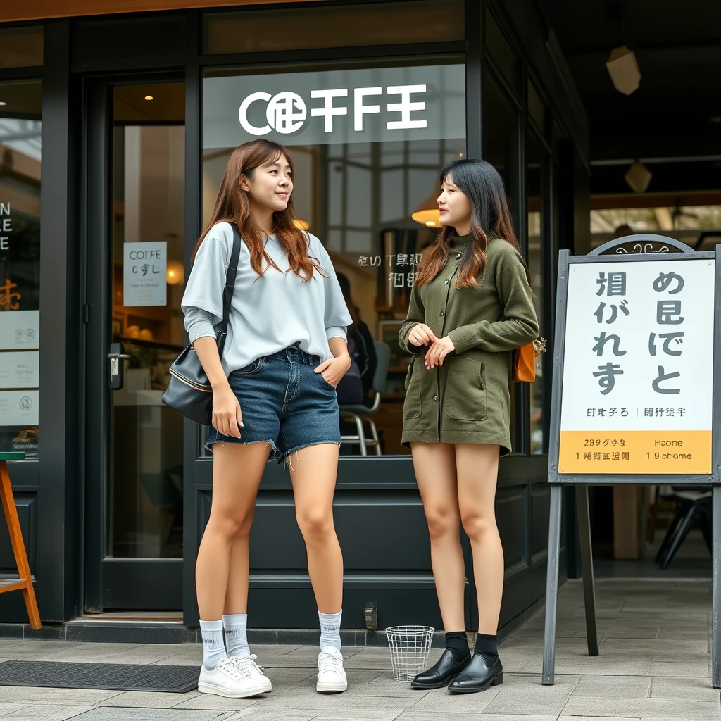 Two tall and slim female students are chatting outside a coffee shop, with clear facial features, and their socks are visible. There is a sign outside the restaurant, and the words on the sign can be clearly seen, including Chinese characters.