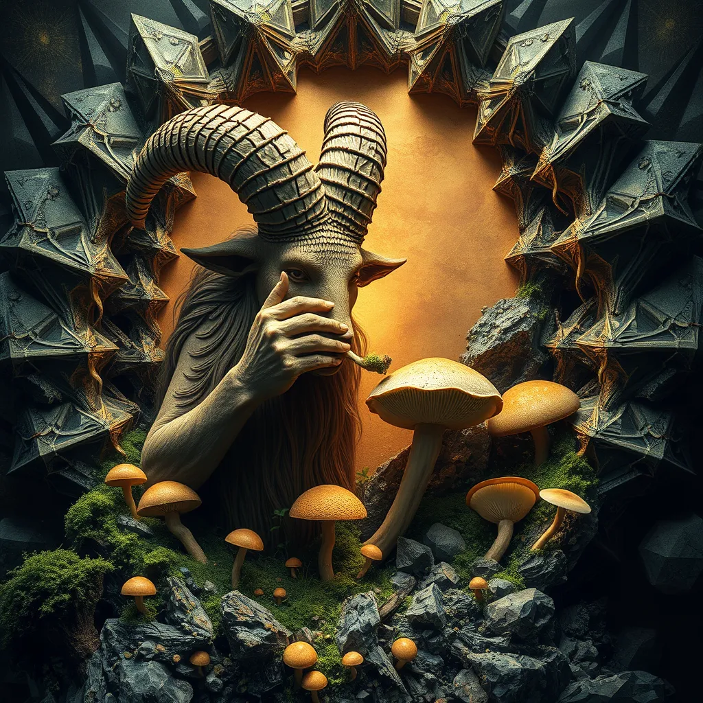 Satyr eating mushrooms and breaking through to another dimension full of geometric fractal patterns, HD photography. - Image