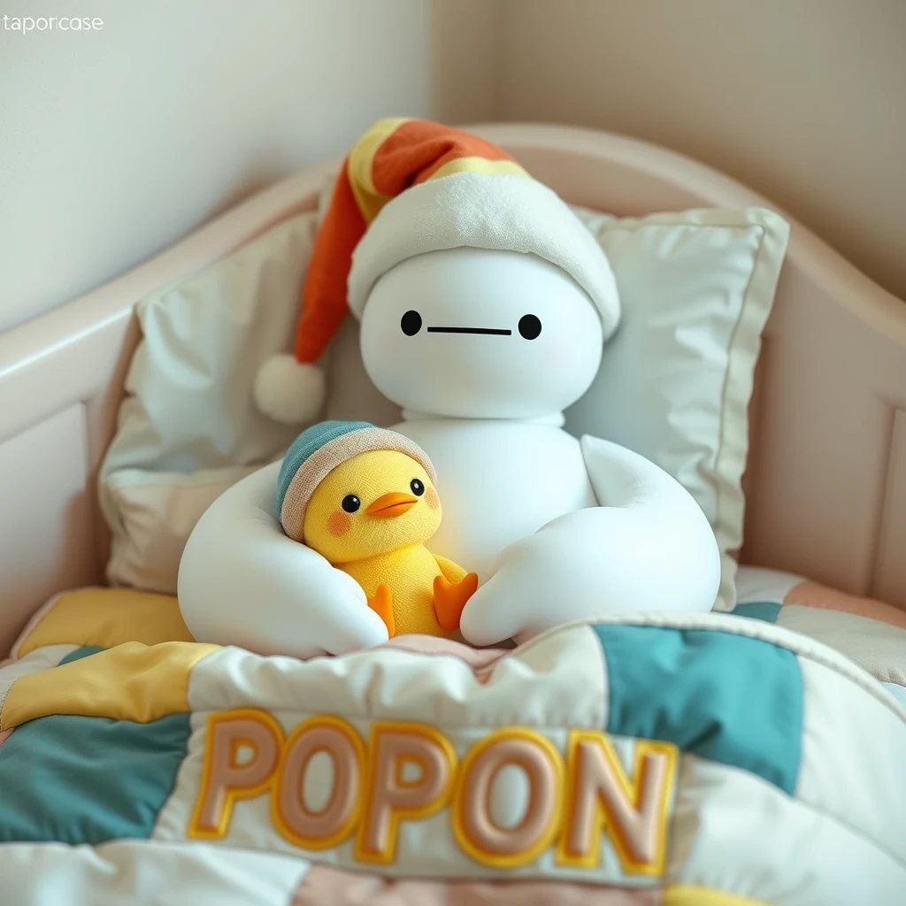 Baymax with a colored nightcap, holding a cute yellow kawaii hatchling with a nightcap in the cutest kawaii bed in the world with the word POPON sewn on the patchworked padding.