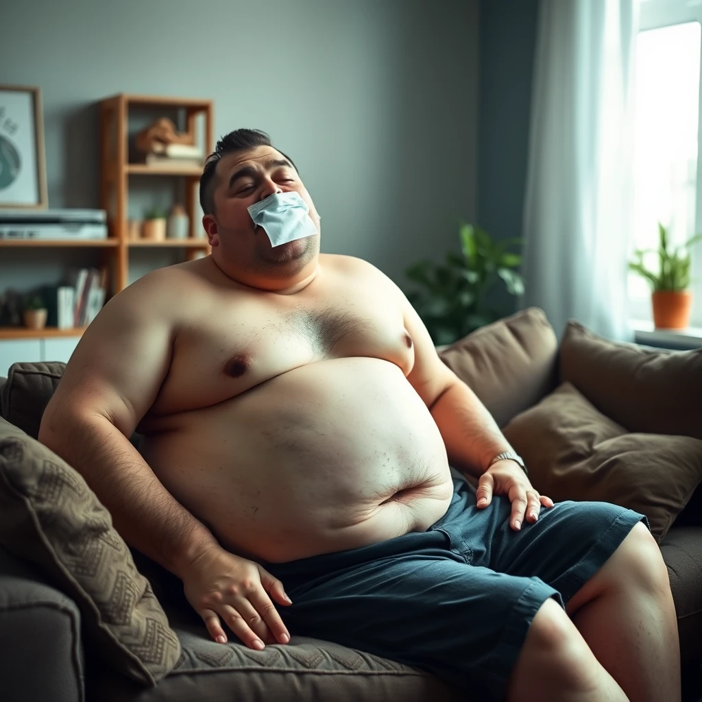 morbidly obese handsome man sneezing, shirtless but wearing pants, sitting on a sofa