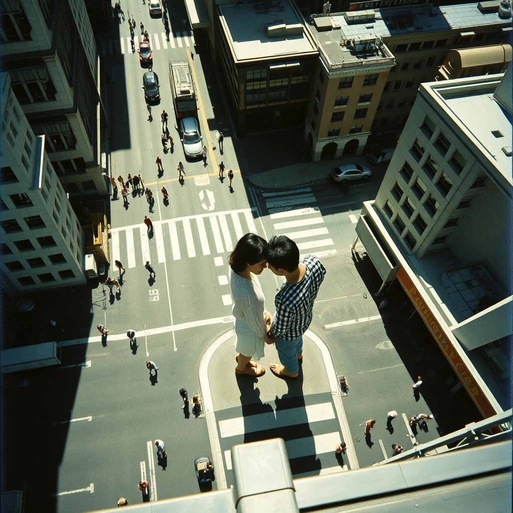 It's a Saul Leiter-esque photograph. Looking down from the roof of a tall building, an Asian couple appears very close, with their heads touching each other on a street corner, surrounded by traffic and pedestrians. Also, the picture shows that it's on a summer afternoon; the sun is shining brightly, and there are many projections of city buildings. This picture has a vintage film texture with a gray-green tint to the image. Aerial view, realistic, 8k.