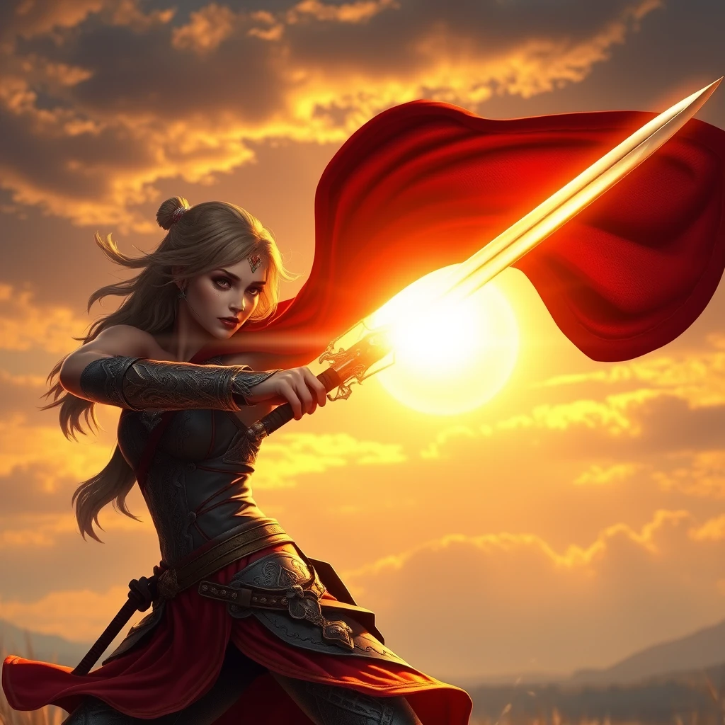 Photo realistic: Fantasy heroine with a red cape swinging a shining sword at sunrise.