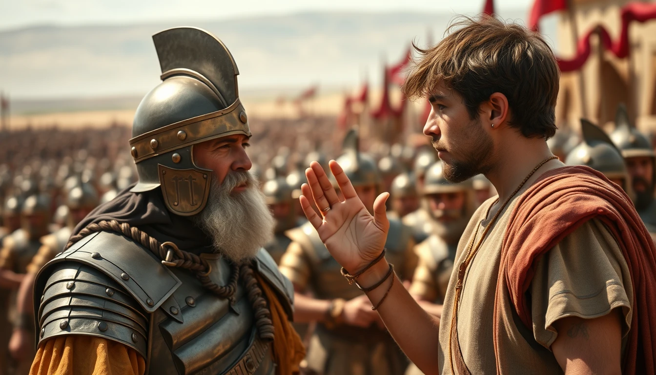 Create an image of two men arguing while onlookers crowd around. The man on the right is a young man with messy unkempt hair and a short beard, wearing just a simple biblical-era shepherd’s tunic. The young man is looking intently at the man he is arguing with and is gesturing with his right hand, palm facing skyward, as if he is explaining something to a middle-aged Mesopotamian king, who is dressed in a full suit of Bronze Age Mesopotamian armor, including a helmet with a pointed tip. The armor consists of layers of laminated strips of bronze. The background shows a blurred crowd of soldiers also wearing armor similar to the king's. Further in the background, on the horizon, stands a blurred gathering of a large biblical-era army. - Image