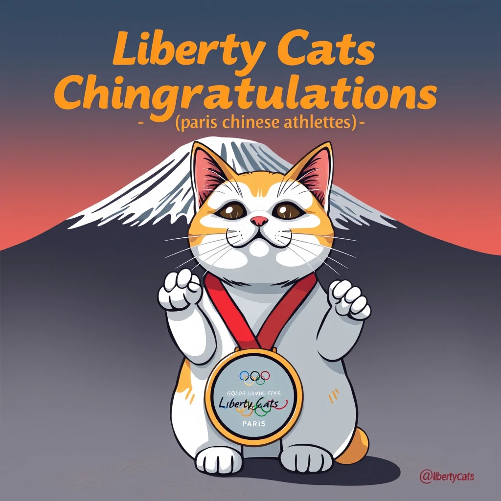 draw a pic with "Liberty Cats Congratulations chinese athletes " big text on the Mount Fuji backgroud,AND a cat with infront it , carring a Paris Olympic gold medal  logo with text "Liberty Cats"
 - Image