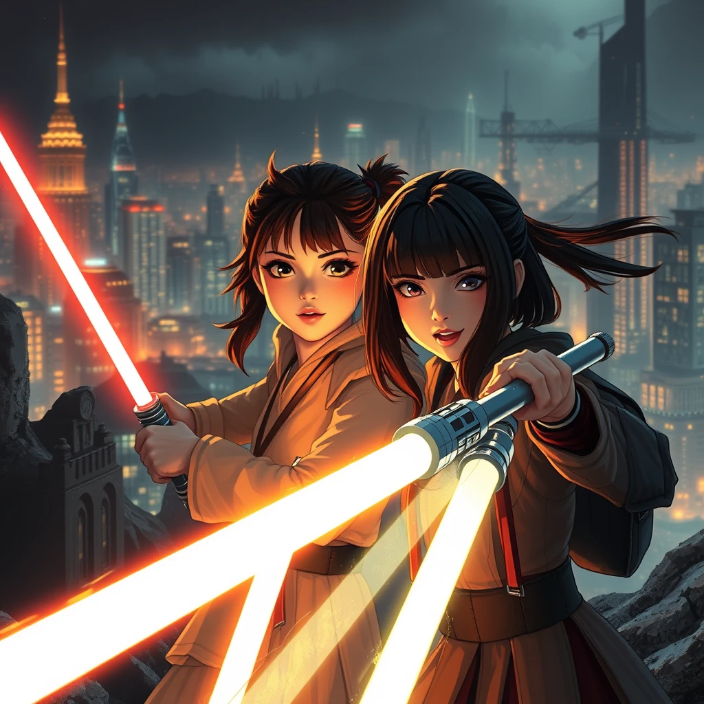 Two intrepid girls embark on a thrilling sci-fi adventure, their glowing lightsabers illuminating the dark, futuristic landscape. In the background, a Ghibli-inspired cityscape unfolds, with intricate details and brushstrokes that showcase the best quality and ultra-detailed artistry. The scene is rendered in 8K resolution, capturing every nuance and texture for an immersive, cinematic experience. The girls, their faces filled with determination and excitement, are about to embark on their next adventure, with a platter of sweet and sour ribs in hand, adding a touch of warmth and familiarity to this fantastical world. - Image