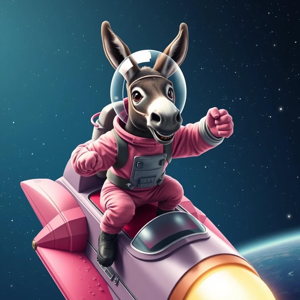 An ambitious donkey wearing pink astronaut costume, riding on a stunning spaceship, making a punching gesture, flying to the outerspace under a clear night sky with lots of shining stars. Realistic style. - Image