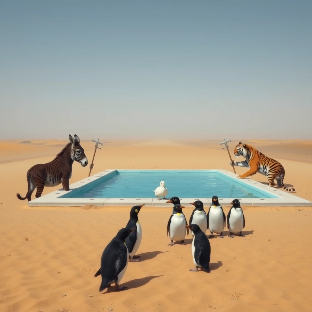 In an endless desert, a donkey and a duck are very cozy lying in a clear swimming pool. Two tigers with halberds stand around the pool as guards. Not far from the swimming pool, there is an endless road, and a few penguins are heavily burdened on the road. The duck and donkey are mocking the penguins.