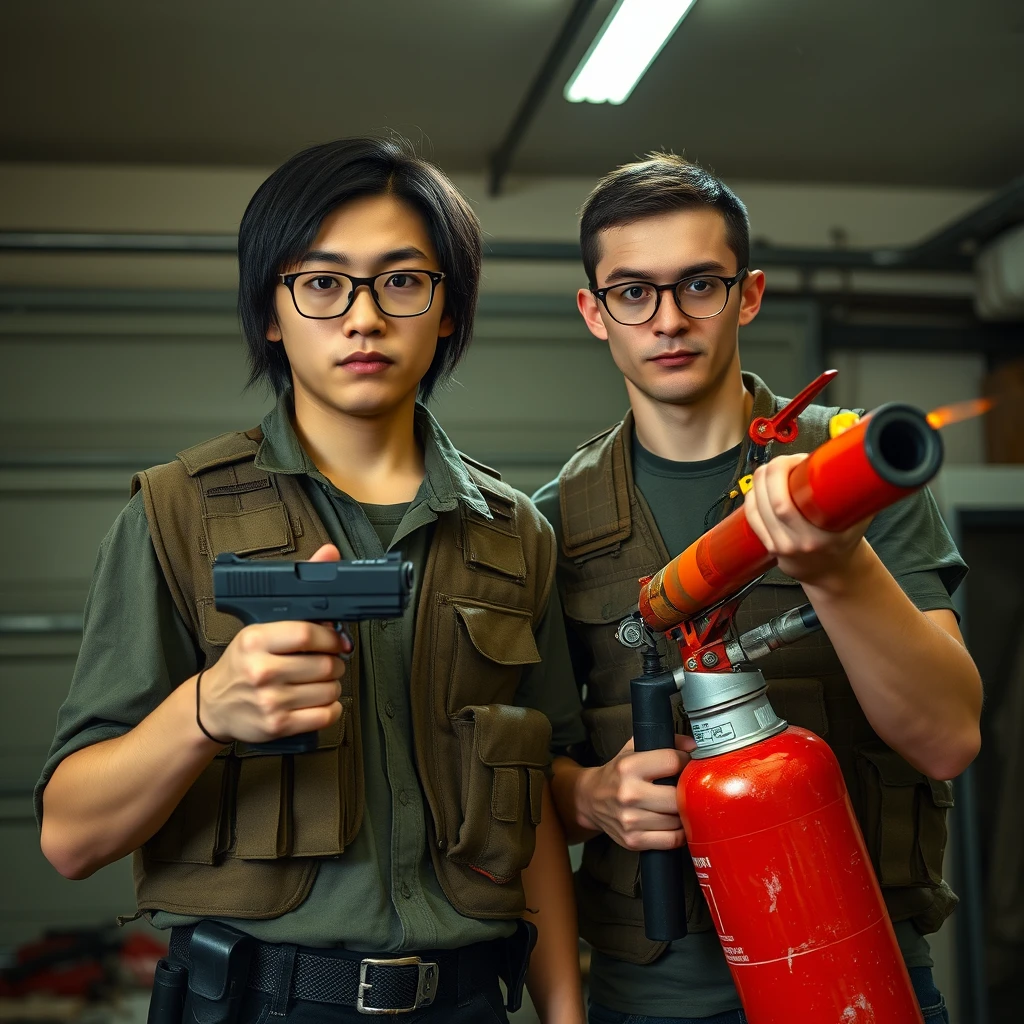 21-year-old thin, long-faced young Northern Chinese man with a square chin, wearing square glasses, holding a pistol, "medium/long length hair"; 21-year-old white Italian/Caucasian man wearing round glasses and short hair holding a very large fire extinguisher flamethrower; garage setting; both angry and wearing a military vest.