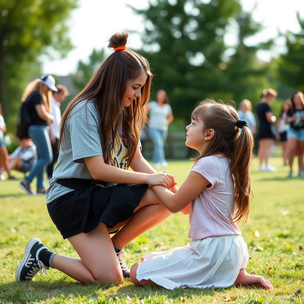 A teen girl kneels down to another teen girl.