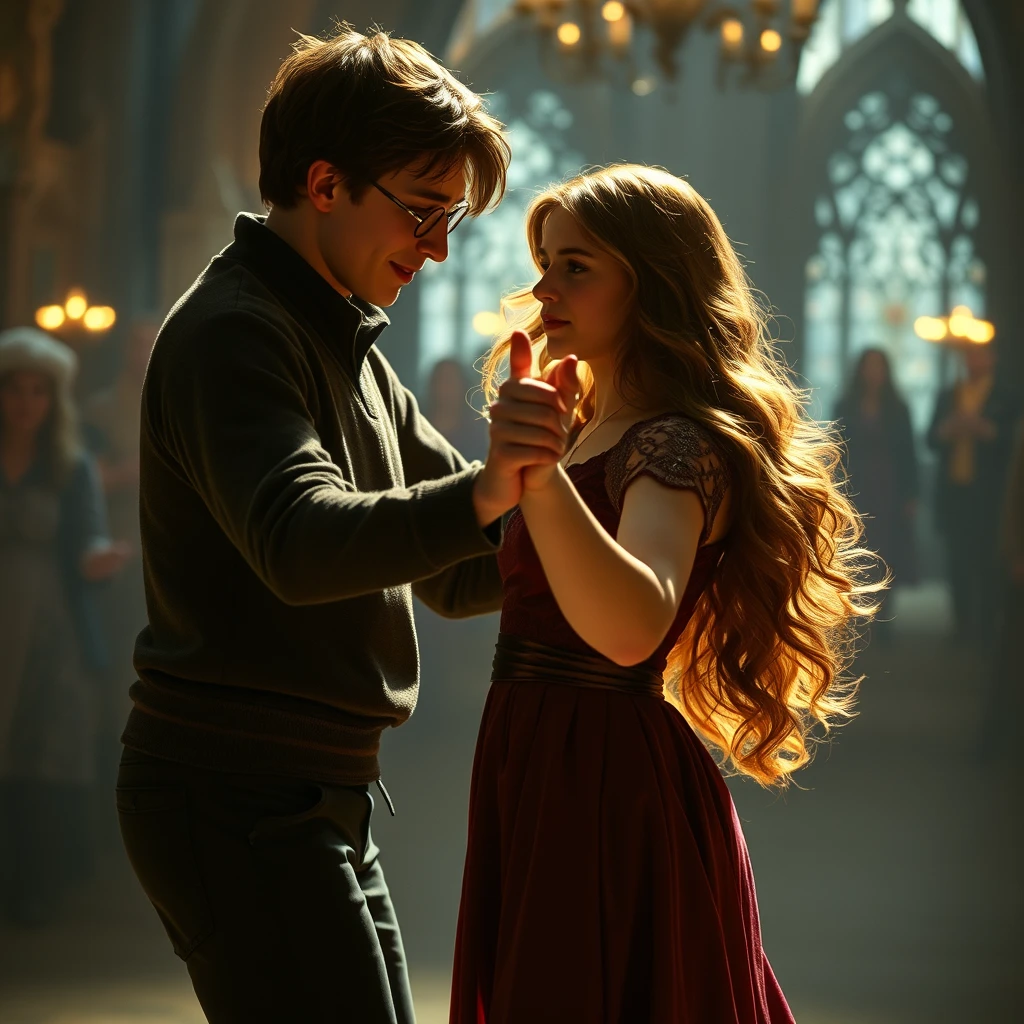 "Photo realistic: Hermione Granger dances the waltz with Harry Potter." - Image