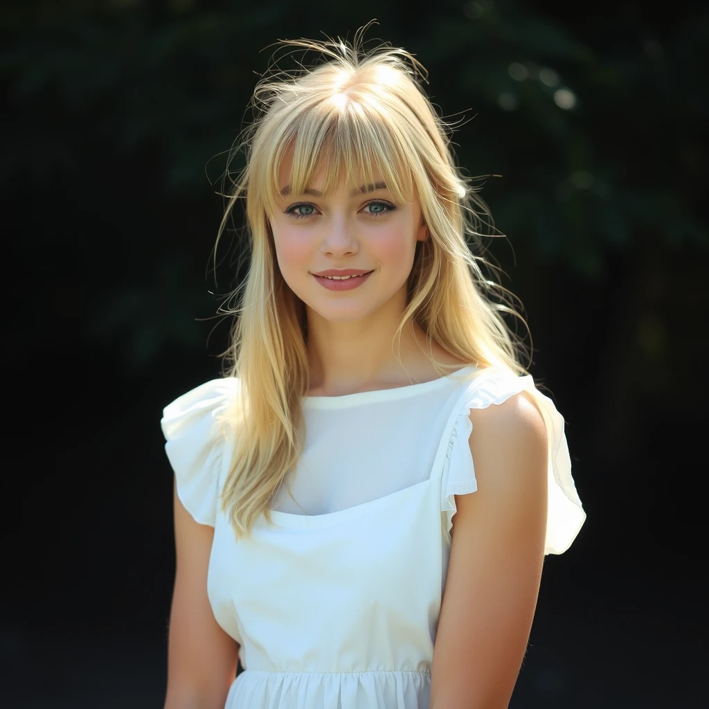 A serene, blissful scene of a young woman in a white dress. The scene feels authentic and unpolished. Her blonde bangs frame the sides of her face. - Image