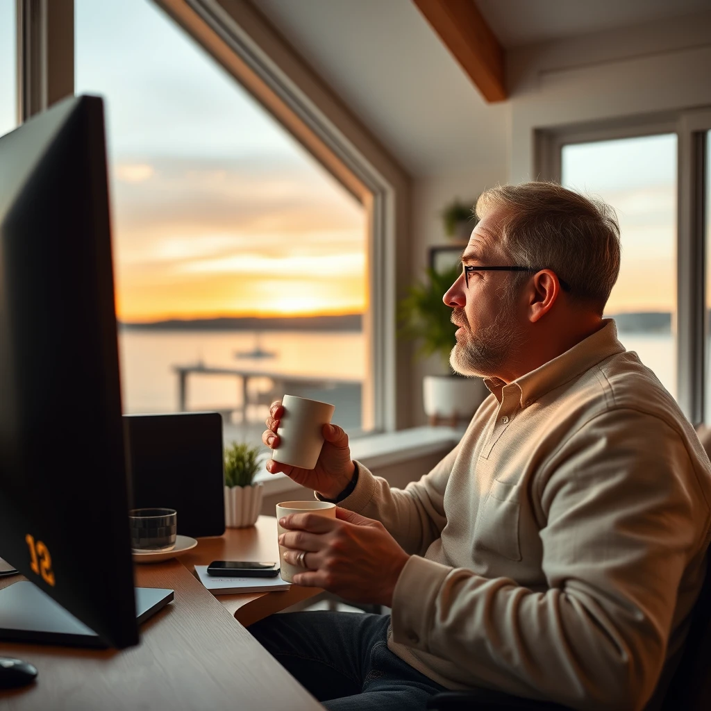 Man watches screen, stocks down 10%. He has a coffee in his waterfront home.