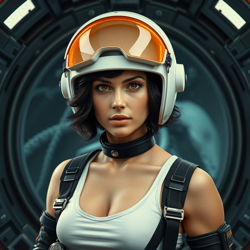 Early Renaissance portrait painting by Sandro Botticelli and Donatello. 27-year-old Ellen Ripley from the movie Alien, cropped short dark wavy hair, white tank top. Wearing 1950s vintage black spacesuit cadet uniform with steampunk accessories inside a futuristic spaceship. Gorgeous, giddy heroine, white space helmet with glowing orange translucent glass visor and goggles, deep v-neck, woman, journey to space, tense, whiplash curves. Dynamic pose, hyperdetailed, hyperrealistic. In the style of 1980s American sci-fi Space Agency movie poster. Volumetric lighting. Dark gothic and moody thriller horror Xenomorph Alien in the background.