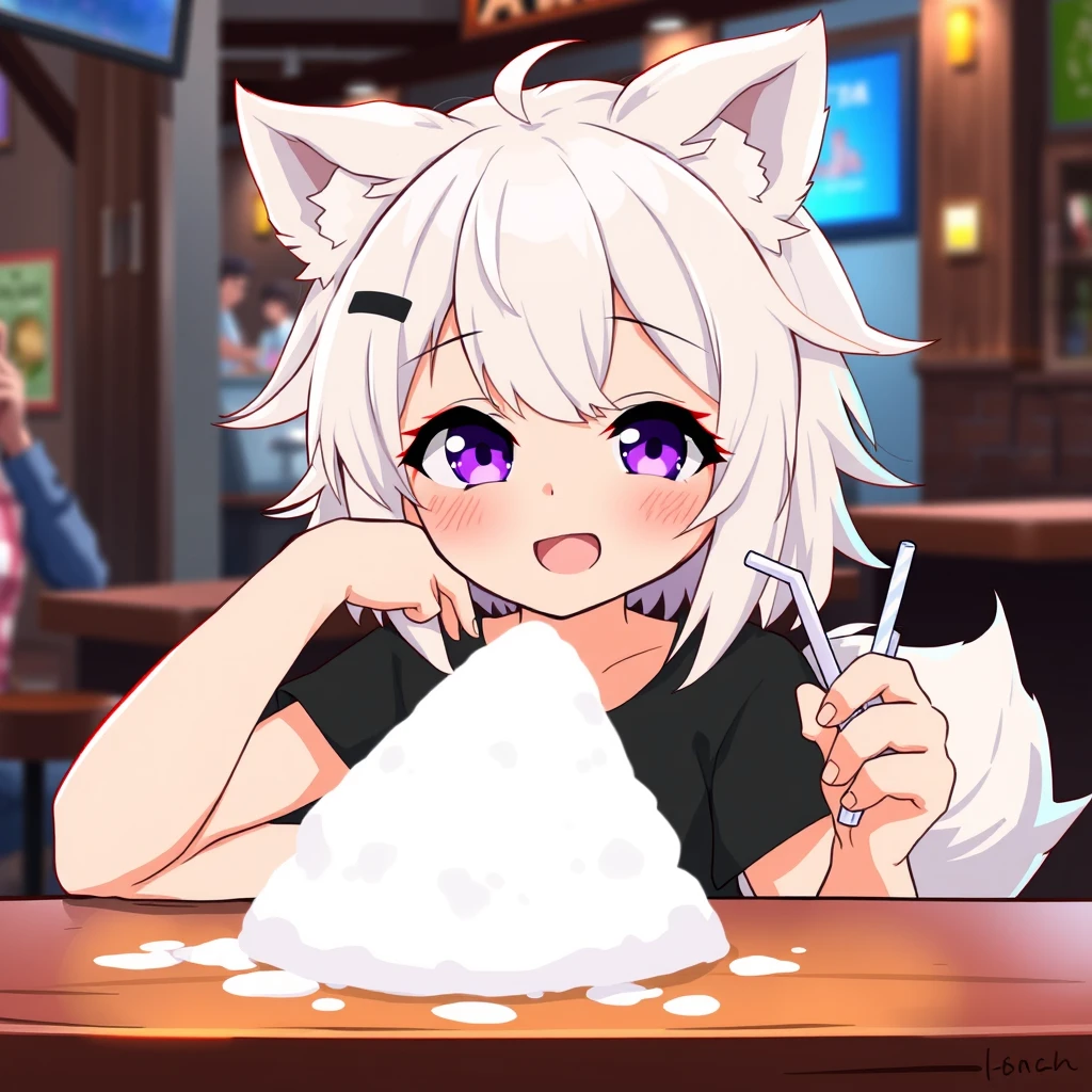 Cute anime woman with fluffy wolf ears and a fluffy tail, white messy medium hair, purple eyes, wearing a black t-shirt, sitting at a table in a bar. On the table is a tiny mountain of snow. The girl looks at the snow with a big crazy smile and has a straw in her right hand.