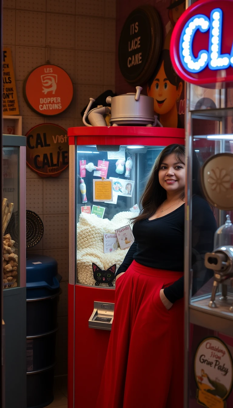 A woman is standing inside a claw machine shop. - Image