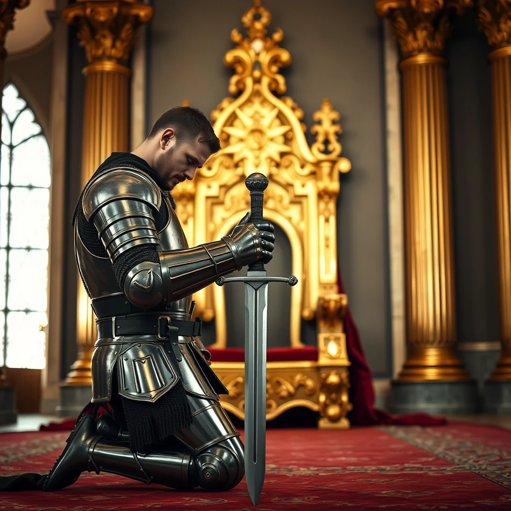 The photograph, expertly composed and dramatically lit, captures a handsome, powerfully built knight in full medieval armor, kneeling on one knee before a gleaming golden throne within a palatial hall. His head is bowed in deference, and his strong hands, encased in gauntlets, offer up his sword hilt-first, a gesture of respect and fealty. The image evokes a sense of chivalry, honor, and the solemn weight of tradition. - Image