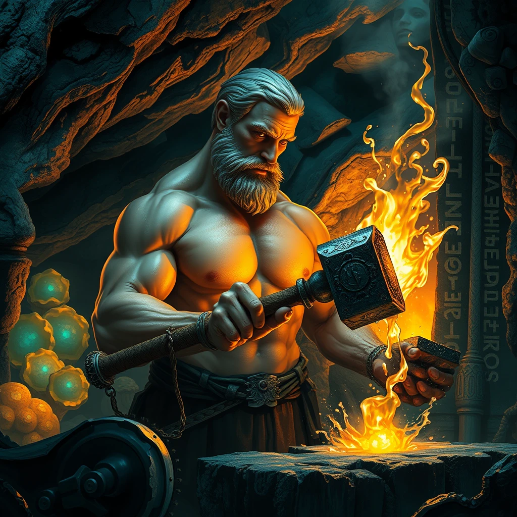 A legendary blacksmith forges a mythical weapon in a cavern workshop. Bioluminescent fungi and crystals illuminate the space in ethereal blues and greens, contrasting with the orange glow of the forge. The blacksmith, with statuesque features reminiscent of Greek sculptures, works shirtless, sweat glistening on marble-like skin. Rendered in a style blending high fantasy art with baroque dramatics, the scene captures the moment of striking, with liquid metal splashing in slow-motion arcs. Ancient runes carved into the cave walls seem to pulse with each hammer blow. - Image