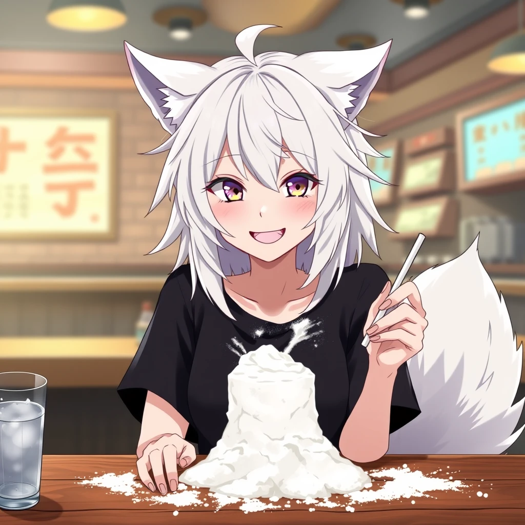 Anime woman with fluffy wolf ears and a fluffy tail, white messy medium hair, purple eyes, wearing a black t-shirt, sitting at a table in a bar. On the table is flour, and the girl looks at the flour with a big crazy smile while holding a straw in her right hand.