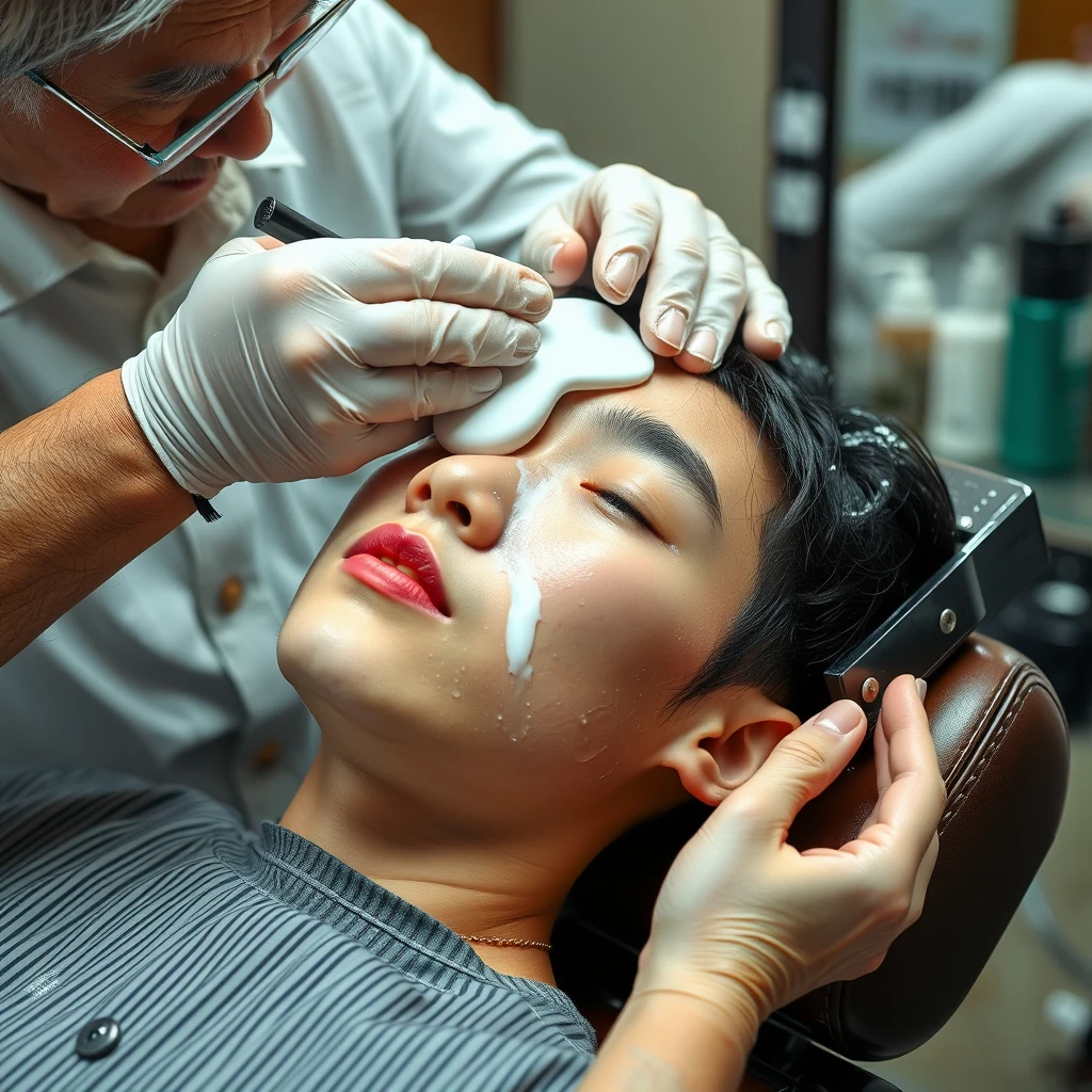 Portrait, facial shot, an elderly barber is washing the face of a 12-year-old Korean feminine boy in makeup lying on a barber chair with lots of face cleanser. - Image