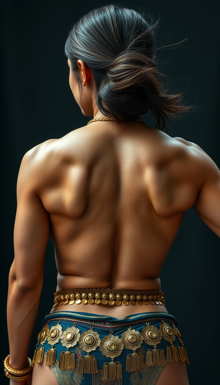 Close-up view of an unrealistically highly muscular back with big shiny muscles of a tall Korean-Indian woman, hair spread, wearing gold ornaments on her waist and neck. - Image