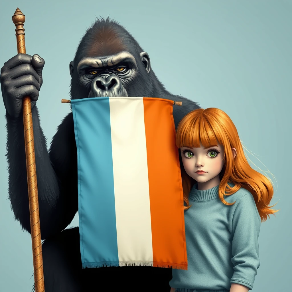 A fierce gorilla holding a three-striped flag in light blue, white, and light blue colors next to a cute ginger-haired Russian teenage girl with green eyes and bangs, in vintage style. - Image