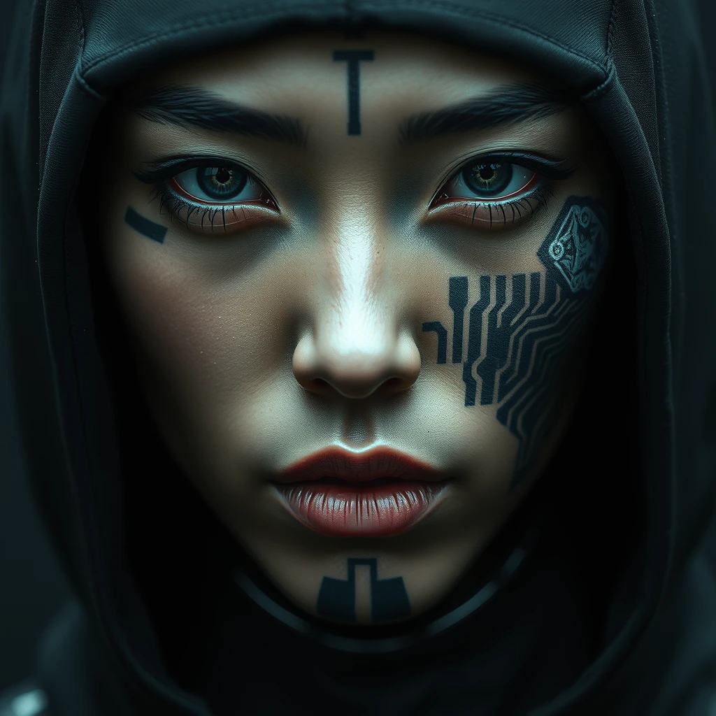 Super face Closeup Portrait, (cyberpunk face augmentation:1.45), (black color circuit board tattoos:1.5 on face), epic skin details, Sci-fi Darkness By He Xiaofeng, a quiet Fighter, feudal Ninja, robotic shinobi suit, (style Katy Grannan:1.35), Satin texture, (Glitchy:1.5) (Foggy:1.35), (Harsh lighting:1.4)