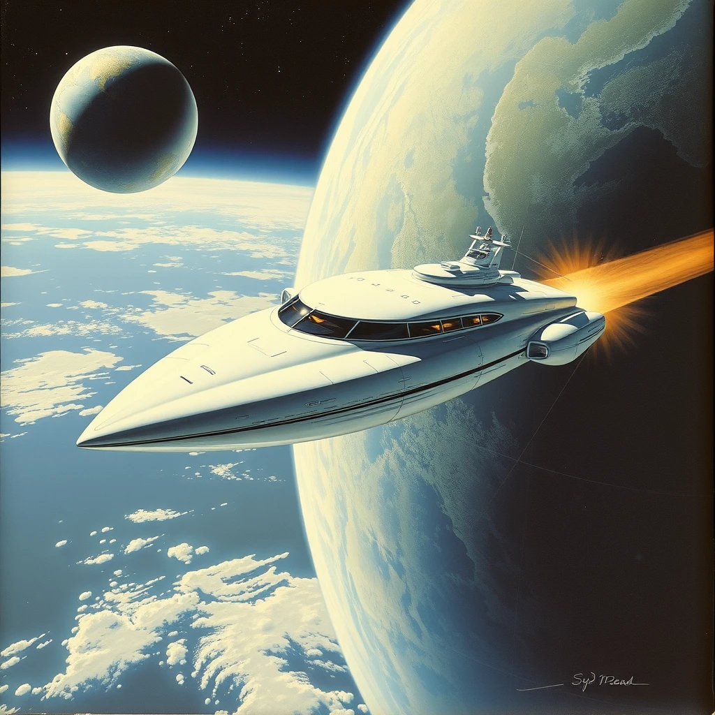 A space-yacht concept, in low Earth orbit, a painting by Syd Mead, sleek, futuristic.