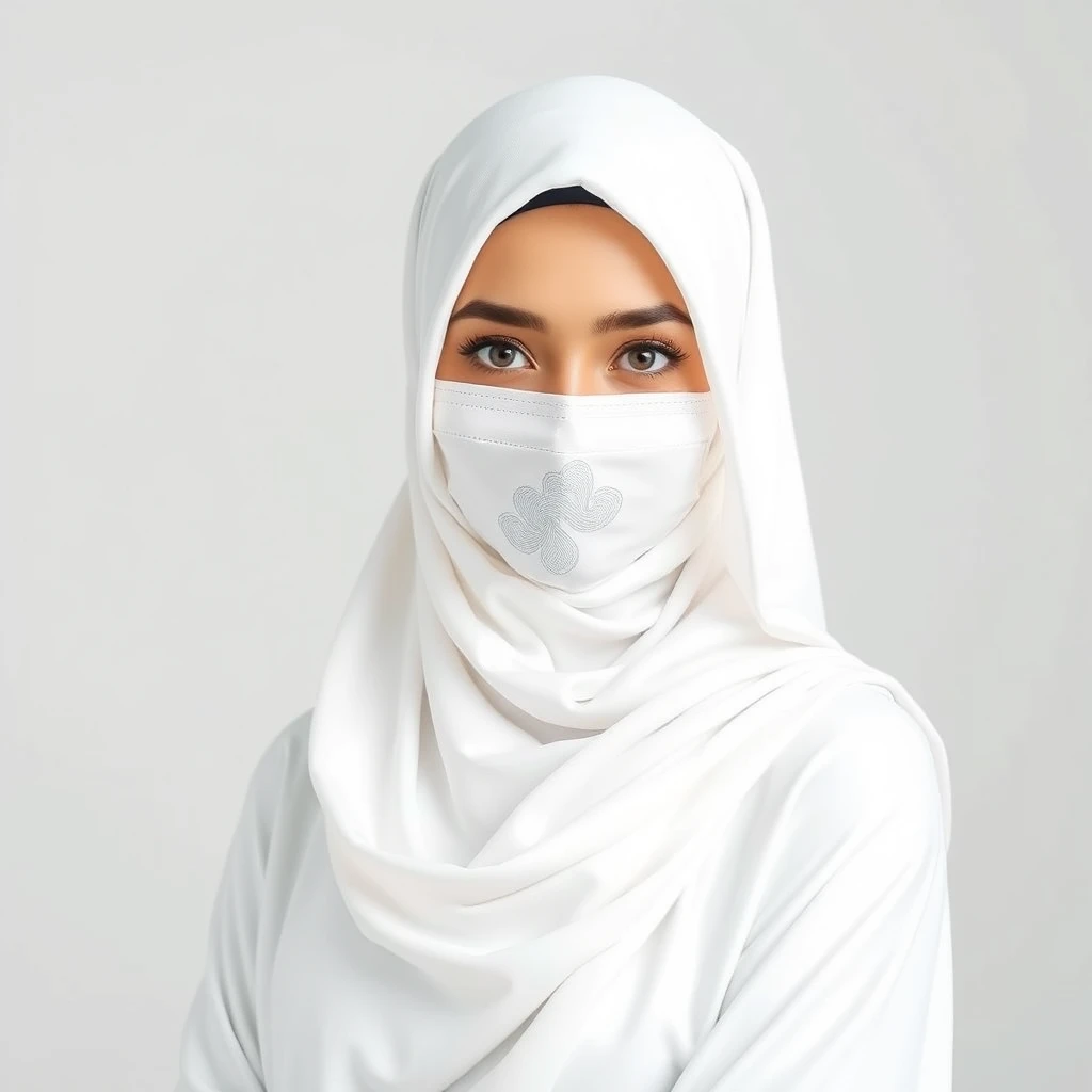 Generate an image of a Muslim woman wearing a white niqab and a white abaya. The background should be neutral or minimalistic to focus on her traditional Islamic attire. The image should convey a sense of modesty, elegance, and serenity, 8k. - Image