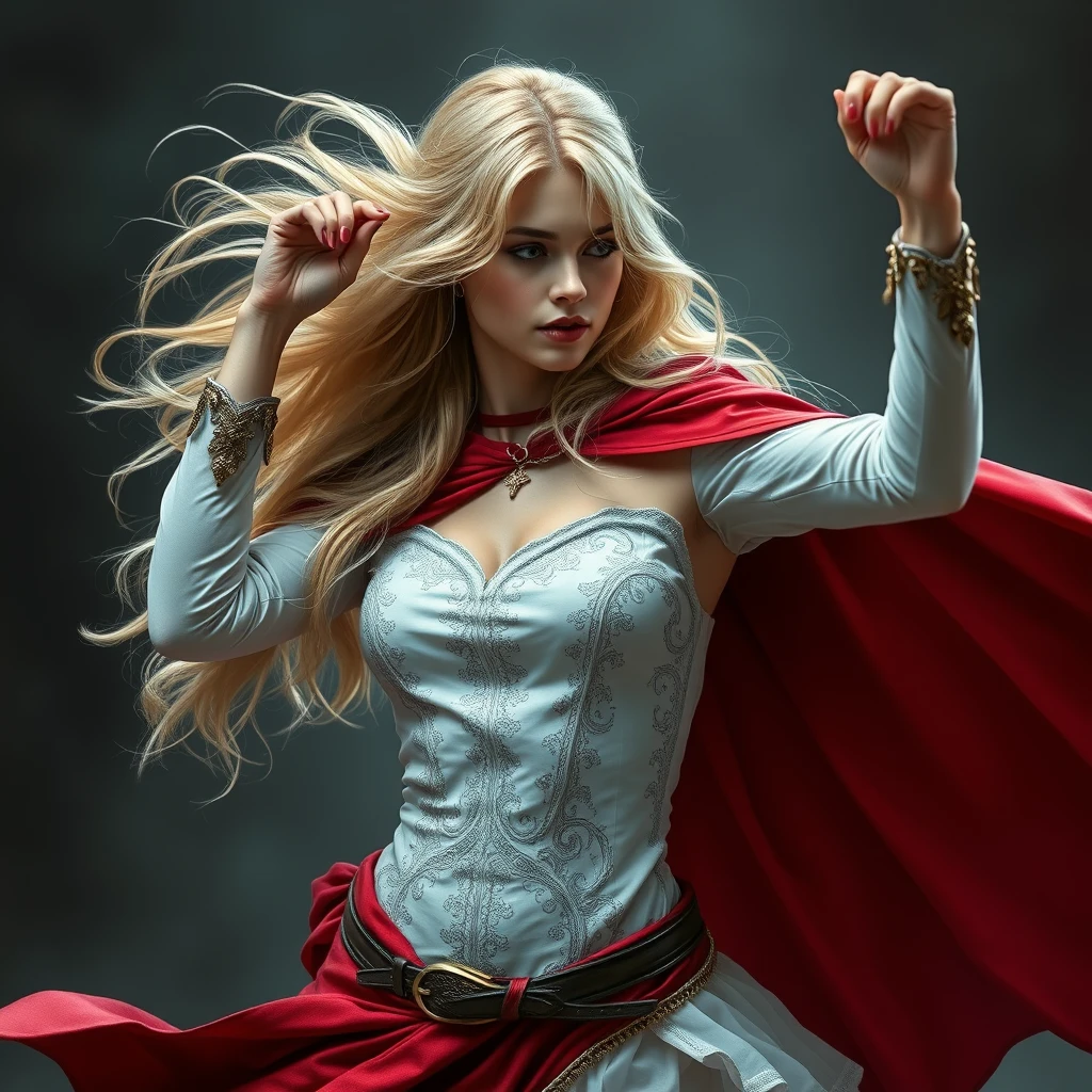 Photorealistic: Blonde fantasy heroine with a red cape dancing.