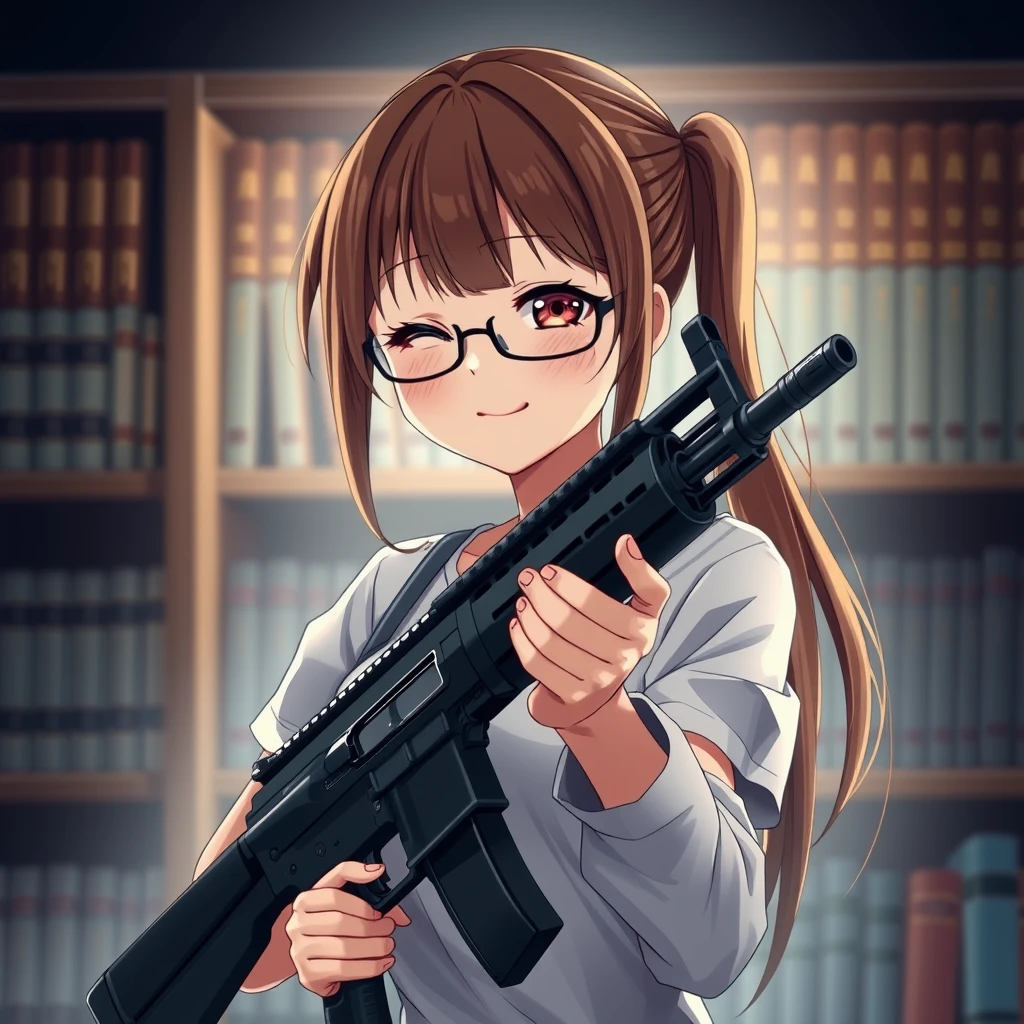 1 girl, anime girl holding an AK-47 gun, solo, long hair, expressive eyes, dark eyeshadow, detailed skin, detailed face, perfect face, closed eyes, twintails, smile, brown hair, glasses, casual clothes, library, illustration, perfect composition, dramatic lighting, film grain, highly dramatic background, cinematic film still, very aesthetic, (intricate details, (incredibly detailed), high detail, ultra-detailed), (hyperdetailed), (soft focus:1.1), absurd resolution, (high-resolution textures), (4k), (masterpiece, best quality)