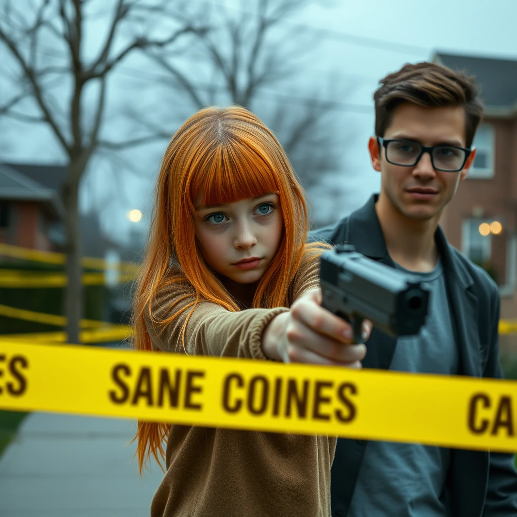 A murder scene; a short, skinny teenage girl with long ginger hair and bangs, green eyes, shooting and killing a young, tall, skinny Italian white man who wears glasses.