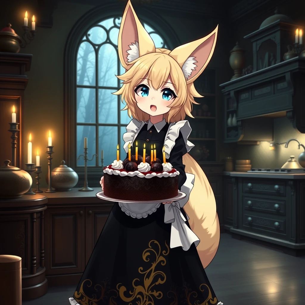 Cute anime girl with massive fluffy fennec ears and a big fluffy tail, blonde messy long hair, blue eyes, wearing a maid outfit with a long black dress with a gold leaf pattern and a white apron, mouth open, holding a fancy black forest cake with candles on top in the kitchen of an old dark Victorian mansion lit by candlelight with a bright window overlooking the foggy forest and very expensive items everywhere.