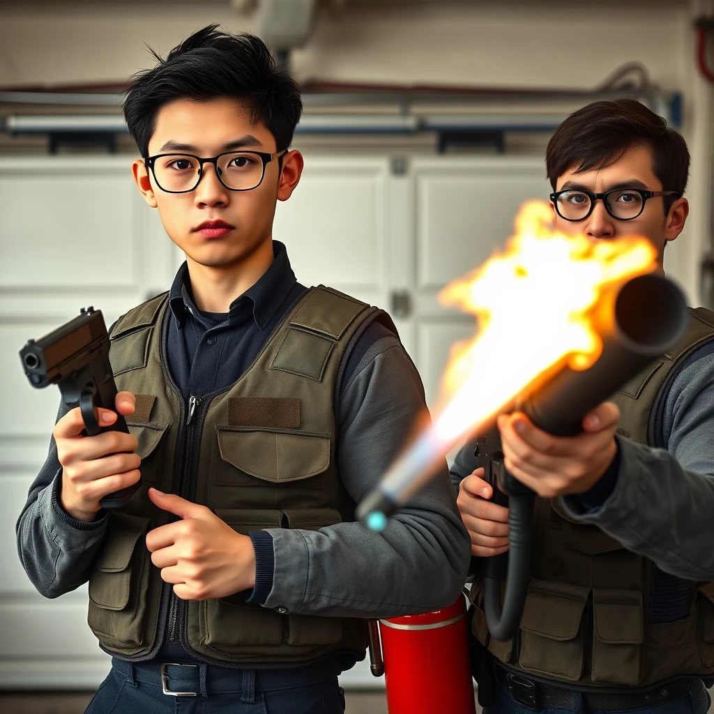 21-year-old white thin long-faced young northern Chinese man with a square chin, wearing square glasses, holding a pistol, "medium/long length hair"; 21-year-old white Italian/Caucasian man wearing round glasses and short hair holding a very large fire extinguisher flamethrower; garage setting; both angry and wearing a military vest.