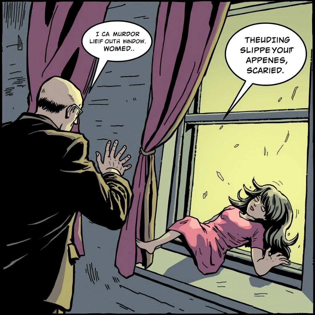 The murder pushed a woman at the window; the woman slipped and fell out of the window, scared. Comic. - Image