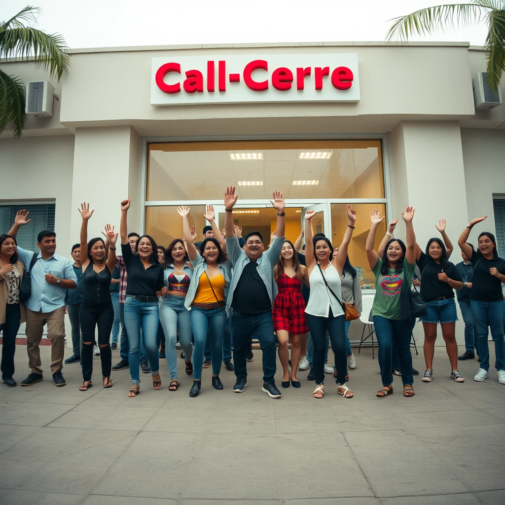 People are happily celebrating in front of a call center office in Guatemala as if it were a concert, in a wide-angle 16:9 format and using a theatrical camera, shot from ground level, with an aesthetic reminiscent of 1980s and 1990s movies. - Image