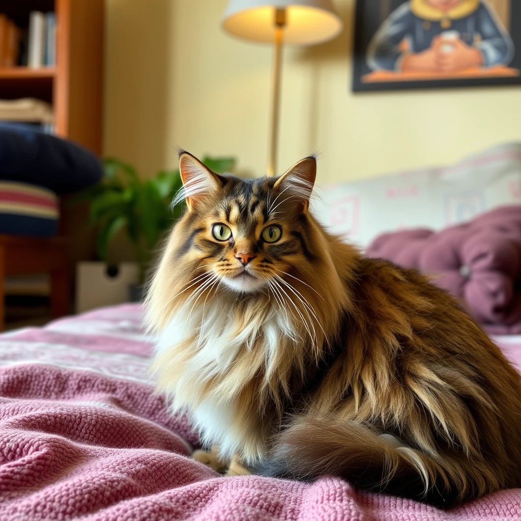 Domestic long-haired cat in a cozy room. - Image