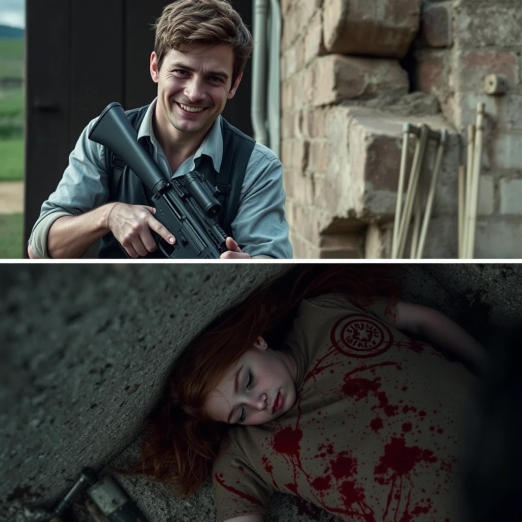 2 person scene, smiling 20 year old Italian man, reloading assault rifle looking at camera; young redhead girl slumped at wall, full of bullet holes and bleeding, rural setting.