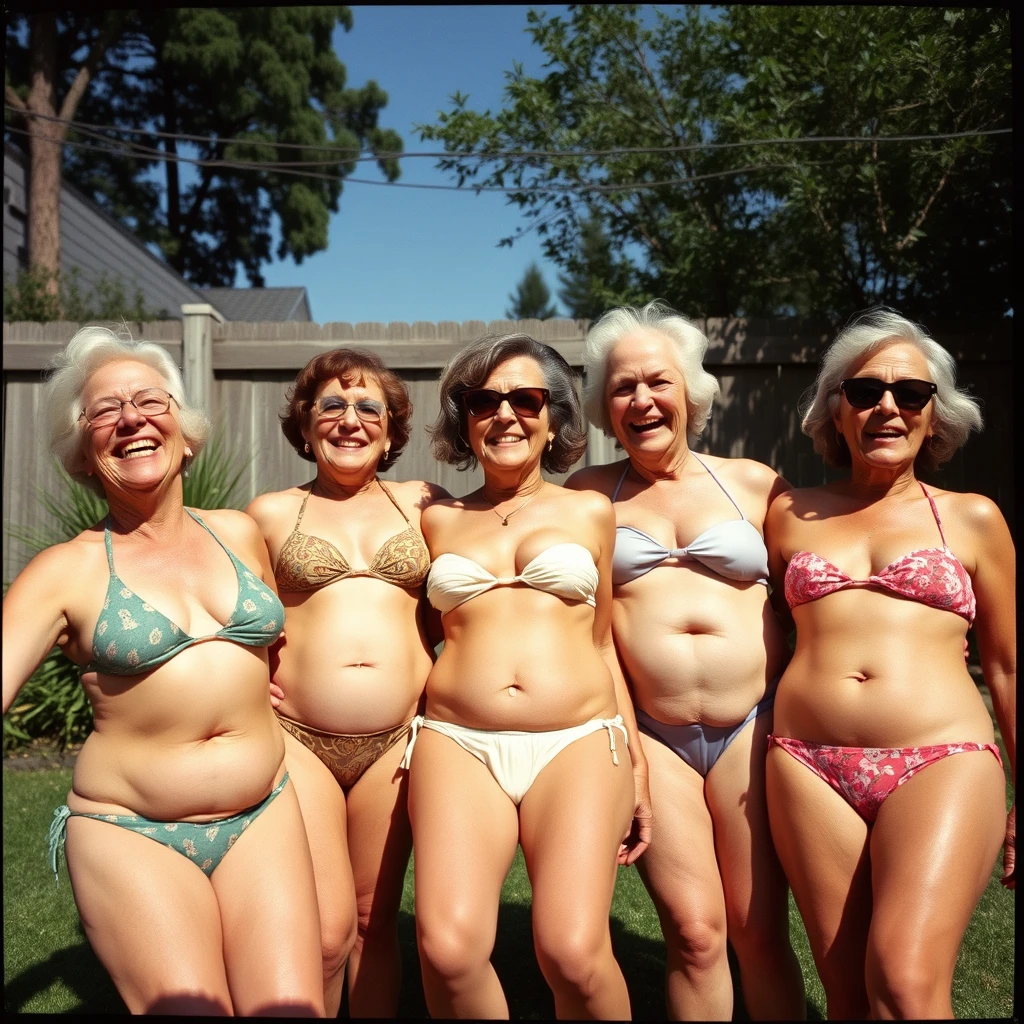 Three boisterous old women tanning in bikinis in a backyard; the view is from below.