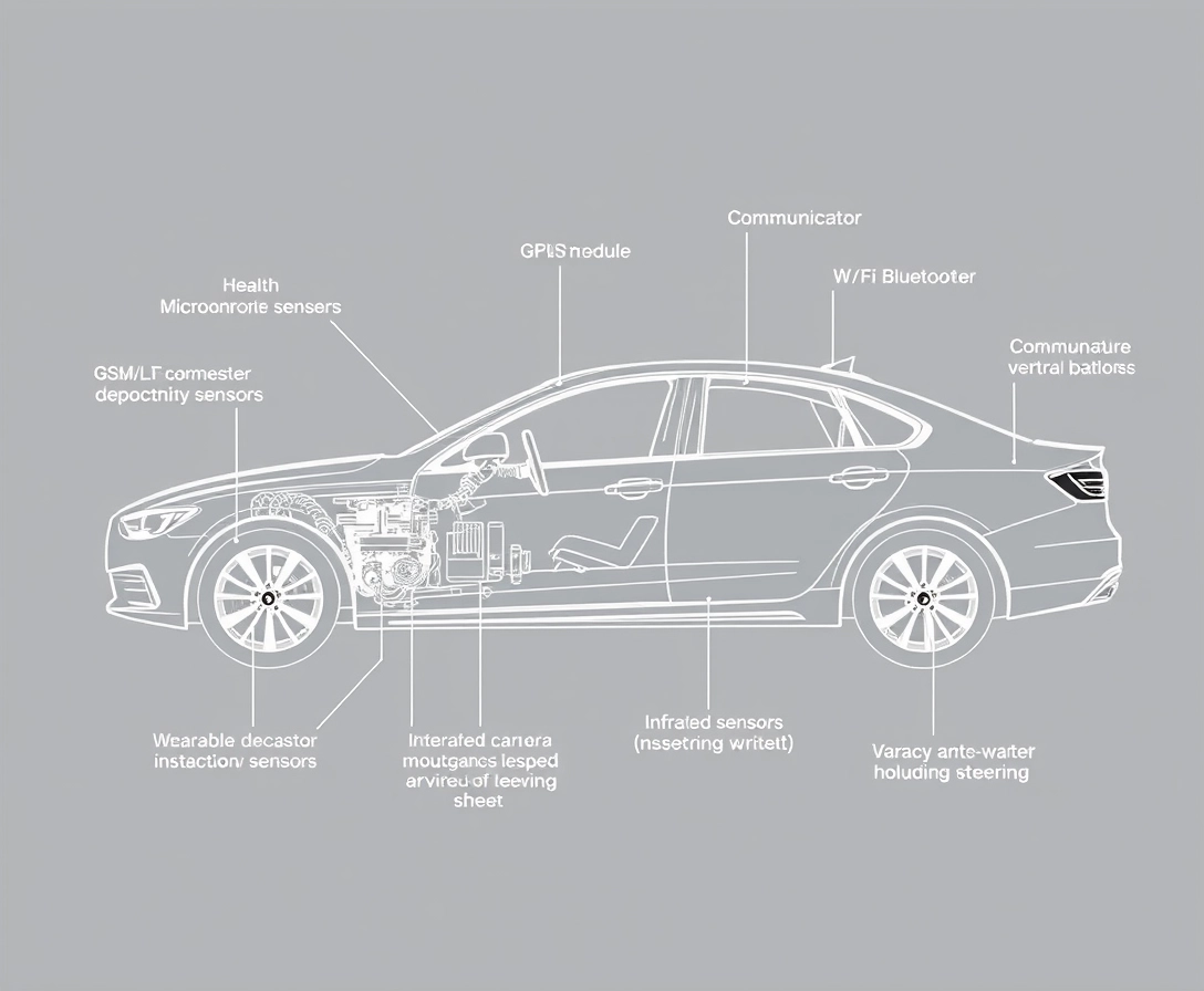 Create a detailed hardware name that is very clear in a black and white sketch of a car equipped with an advanced accident alert system, focusing on the hardware components and their specific installation locations. The microcontroller/processor should be shown mounted under the dashboard or in a central control unit. Illustrate the accident detection sensors, with the accelerometer and gyroscope integrated into the vehicle’s central control unit or under the dashboard, and impact sensors placed at strategic points around the vehicle (front, rear, and sides). Depict the communication modules, including the GSM/LTE module under the dashboard or in the central control unit, and the Wi-Fi/Bluetooth module integrated with the microcontroller. Show the GPS module mounted on the dashboard or integrated into the vehicle’s navigation system. Include the health monitoring devices, such as wearable health devices worn by the driver on their wrist, an infrared camera mounted on the dashboard facing the driver, pressure sensors integrated into the steering wheel, and a heart rate monitor embedded in the driver’s seat or steering wheel. Display the power supply with the battery pack mounted in the trunk or under the rear seat. Illustrate the user interface components, including the LCD/TFT display mounted on the dashboard within the driver’s line of sight, a buzzer/alarm integrated into the dashboard, and LED indicators positioned on the dashboard. Show the data storage with the SD card module integrated with the microcontroller/processor. Additionally, depict the necessary wiring connecting all components, running neatly through the vehicle. The sketch should clearly depict the placement of each hardware component within the car, providing a comprehensive visual representation of their integration in the accident alert system. - Image