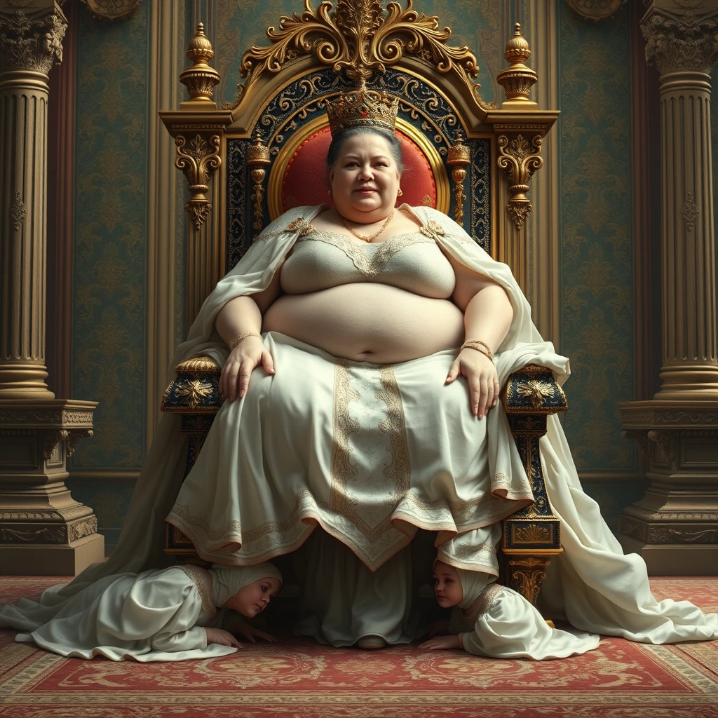 The immensely obese beautiful queen sits on a luxurious and exquisite throne, carried by four palace maids crawling beneath it. - Image