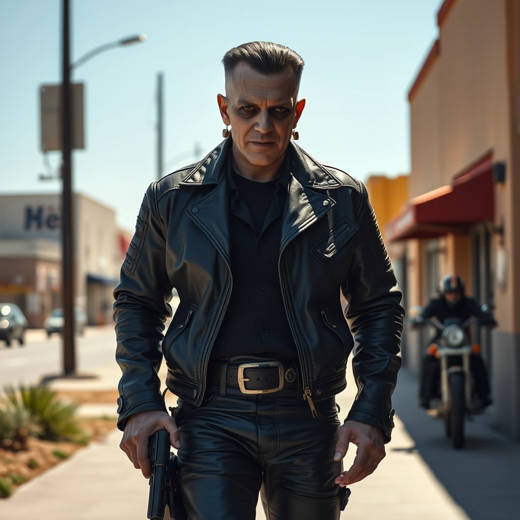 Boris Karloff as Frankenstein, the Hells Angels biker, walks down the sidewalk, dressed in leather and wearing a cowboy pistol. The noonday sun is bright, creating a photo-realistic look that is leering and aggressive, in 4k. - Image