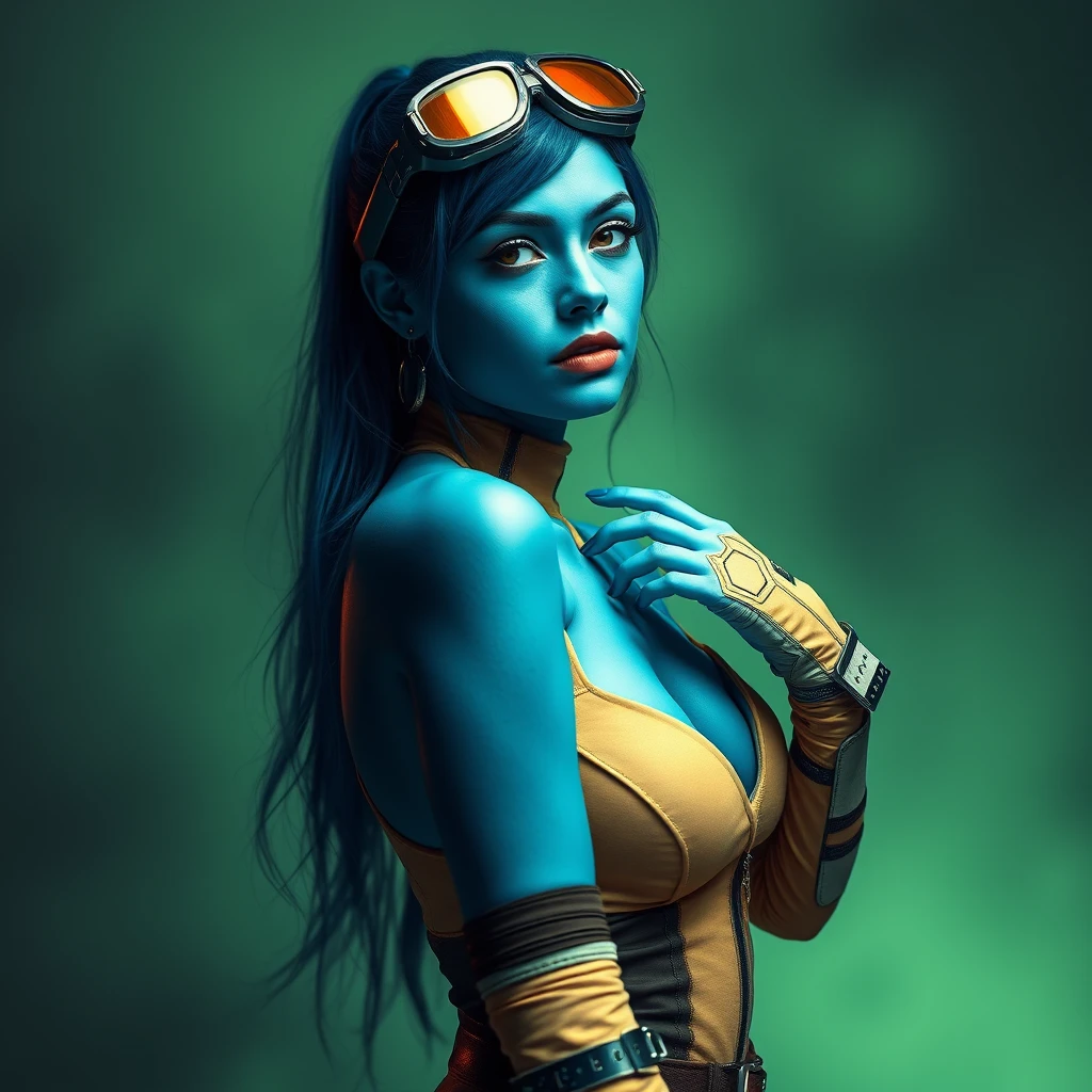 full body, a beautiful woman with blue skin wearing sci-fi clothing looking seductively at the camera, full body - Image