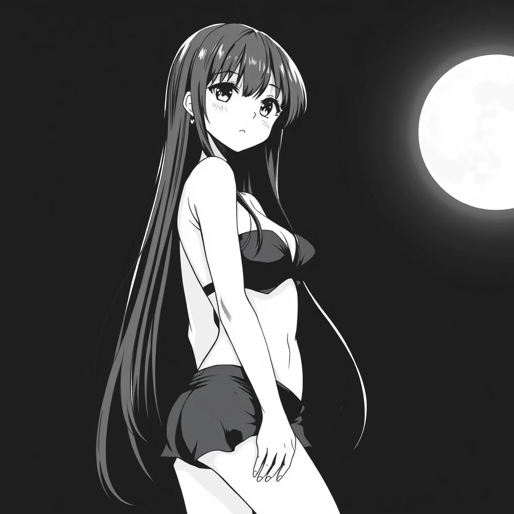 Girl with long, black hair in a black bikini. In the background, a black sky with a big, bright moon. Manga, grayscale. - Image