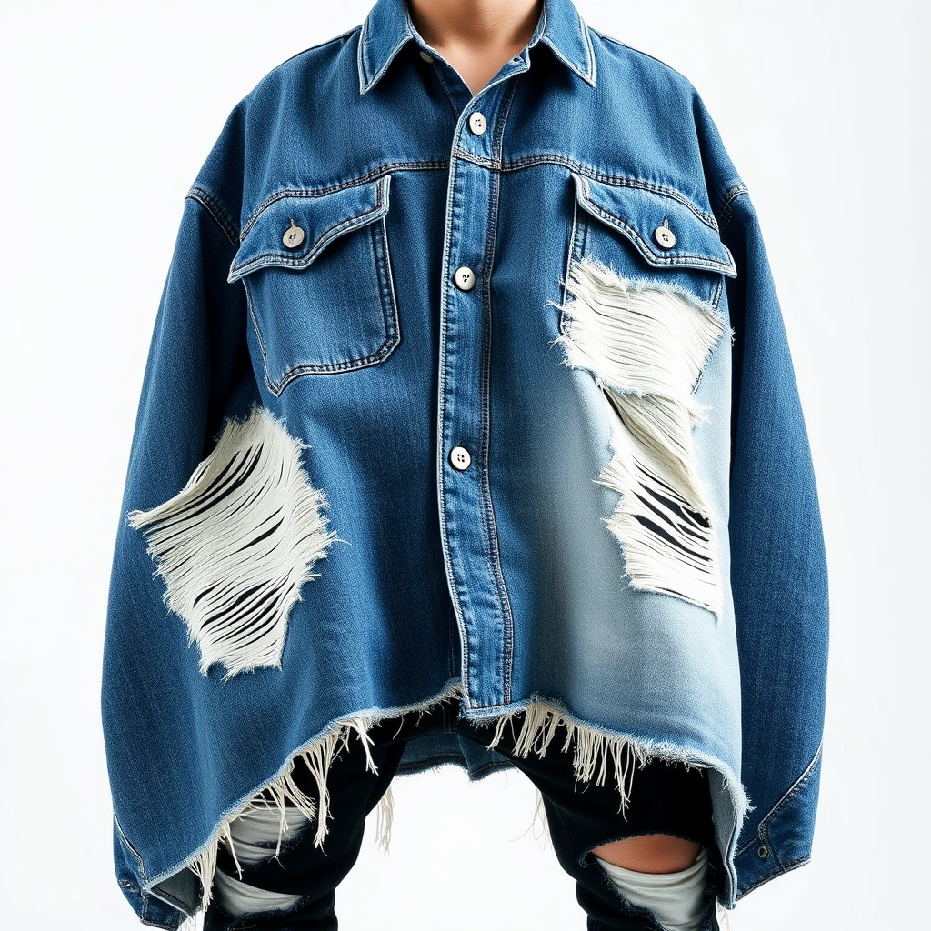 men's wear, oversize, asymmetrical design, denim clothing, primary color denim fabric, extensive damage, blue and white - Image