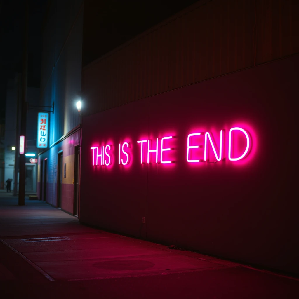 "THIS IS THE END" vitreous neon text on a wall in the alley at night, theatrical side lighting, perfect composition, photographic masterpiece.