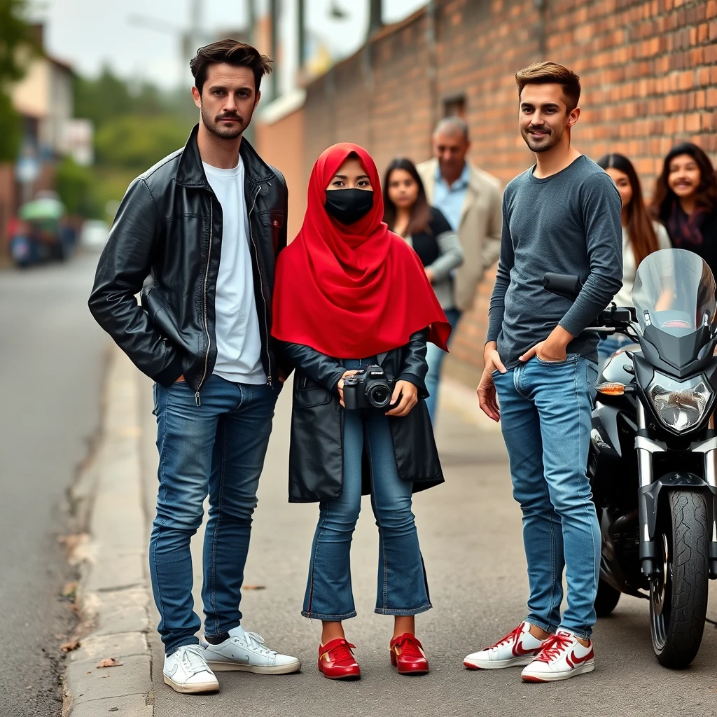 Jamie Dornan and Freddie Prinze, head and body shot, handsome, young, serious face, dark brown hair, white T-shirt, college jacket, skinny jeans, sneakers, standing, discussing with two guys and a short, slim Muslim girl in a red hijab, beautiful eyes, black face mask, black leather jacket, grey long T-shirt, bell-bottom jeans, red sneakers, holding a Canon DSLR camera, near a town road, superbike, hyper-realistic, street photography, brick wall, full-body photo, five other random smiling friends in the back.